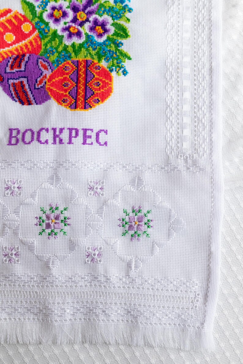 Orthodox Easter Basket Cover Rushnyk – White Lace Pascha Towel with ‘Christ is Risen’ Cyrillic, Pysanky Eggs & Floral Embroidery Design