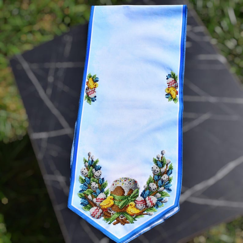 Easter table runner, Blue pascha beaded embroidery with kulich, Pysanky eggs, Pussy willows & chicks, Orthodox spring decor