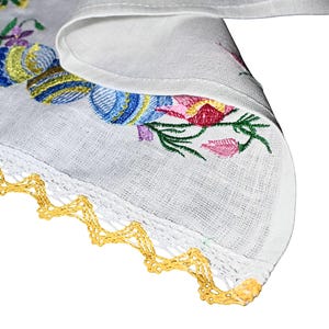 Embroidered Easter basket cover linen towel with cross and floral motifs, Lace edge Pascha cloth, Spring table decor handmade gift