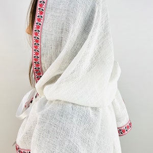 White Linen Hooded Chapel Veil with Ukrainian Red Black Floral Trim, Traditional Mantilla Head Covering with Ties for Church and Prayer