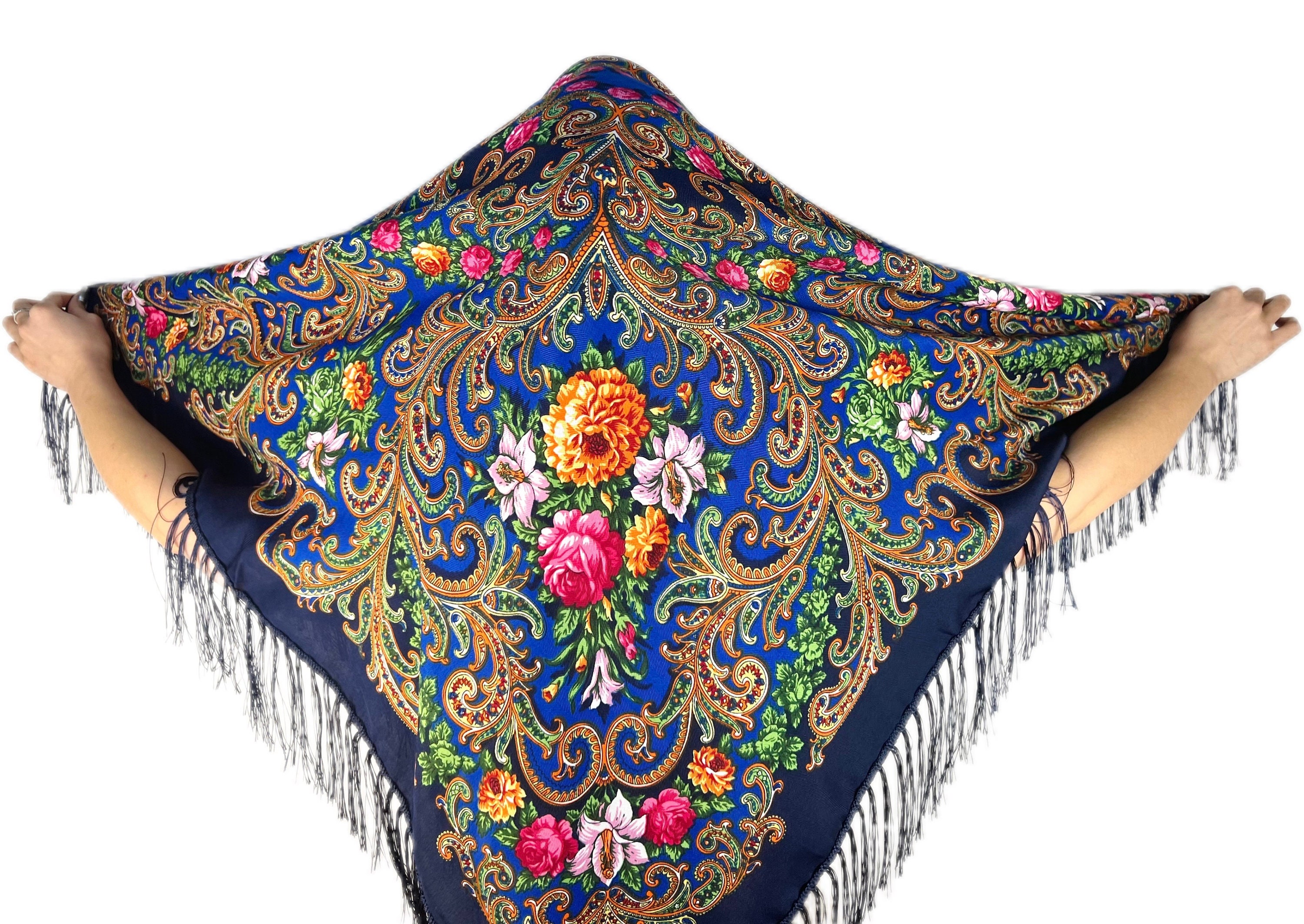 Blue Slavic Shawl, Ukrainian Shawl With Fringe, Wool Scarf, Bohemian ...