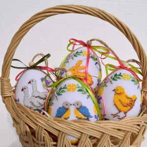 Set of 4 Handmade Embroidered Easter Egg Ornaments with Farm Animal Designs – Rustic Spring Decor Featuring Birds Rabbit Chicken and Goose