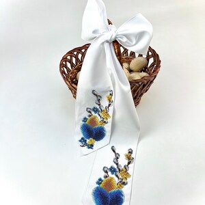 White Easter ribbon with beaded Ukrainian egg and pussy willow embroidery
