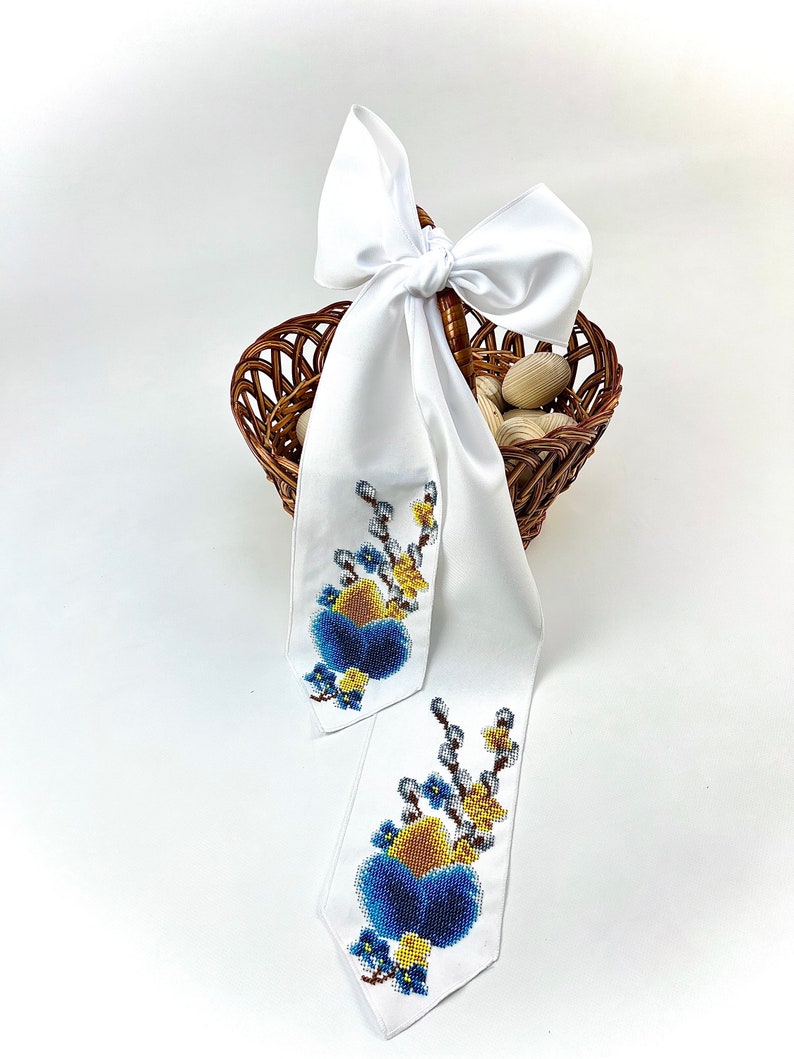 White Easter ribbon with beaded Ukrainian egg and pussy willow embroidery