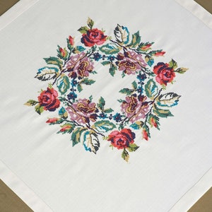 White Square Napkin with Floral Cross Stitch Wreath Center, Elegant Table Topper or Bread Cover, Farmhouse Cottagecore Decor for Tea Time