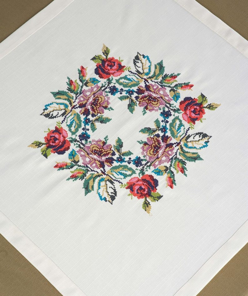 White Square Napkin with Floral Cross Stitch Wreath Center, Elegant Table Topper or Bread Cover, Farmhouse Cottagecore Decor for Tea Time