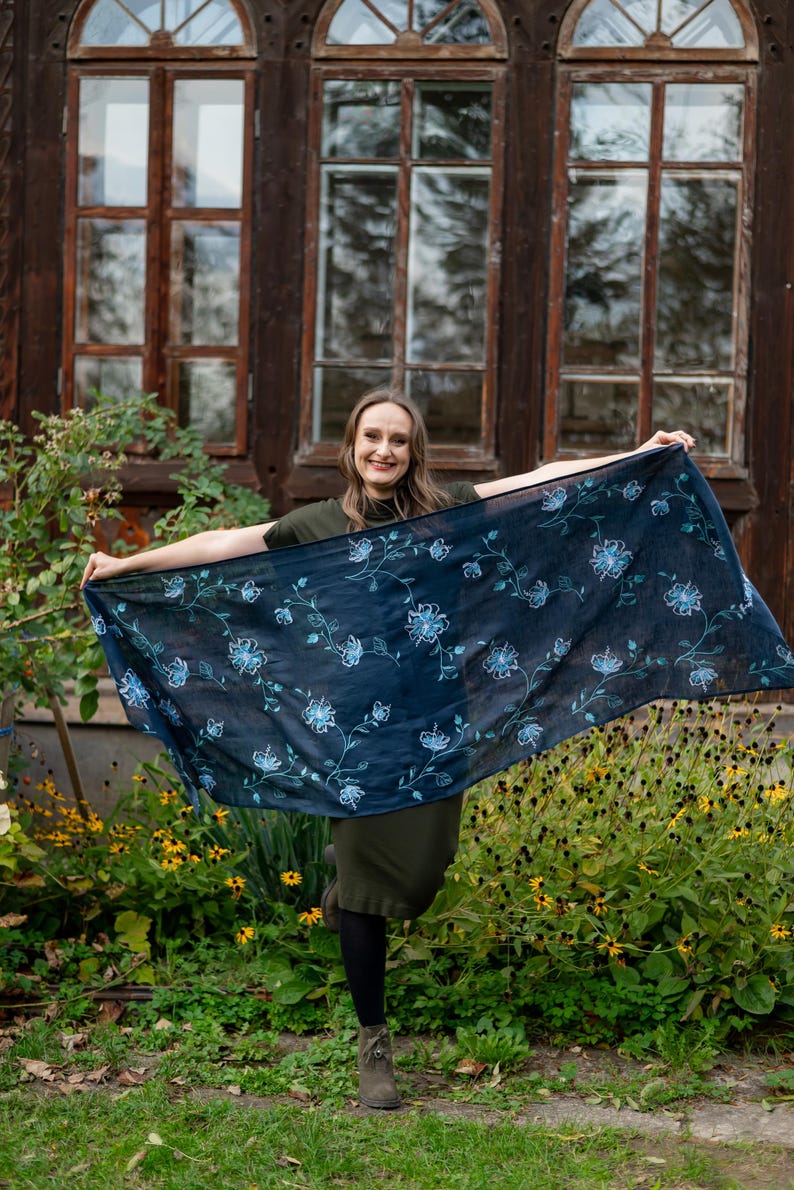 Floral embroidered linen scarf shawl wrap