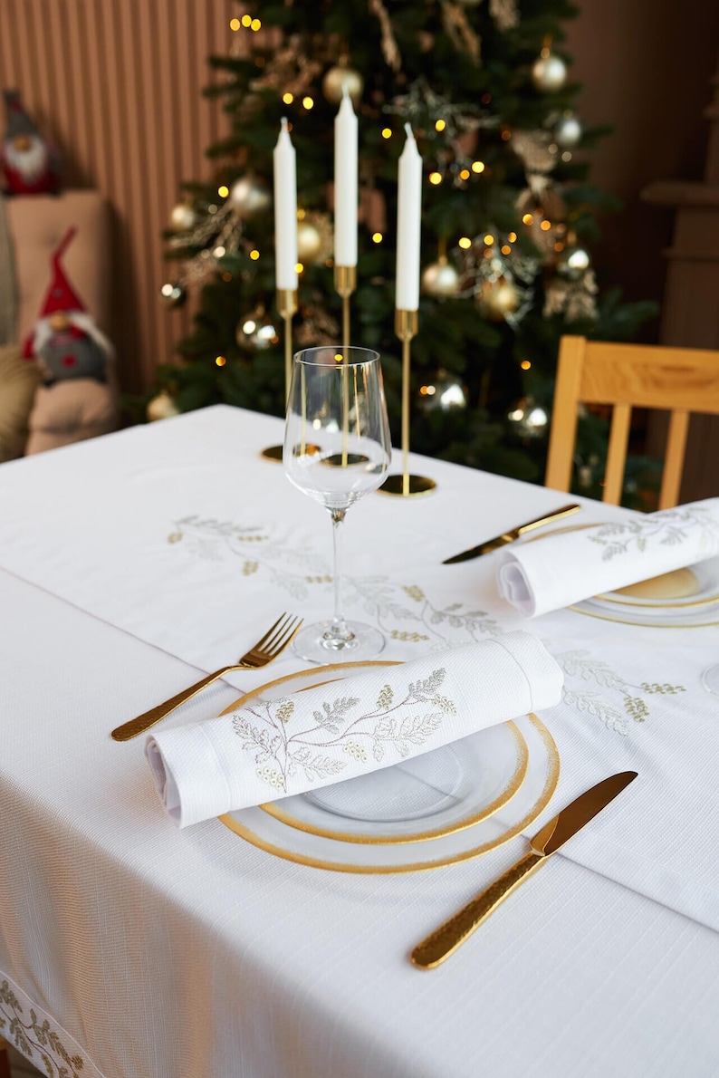 Christmas Cloth Napkins, Embroidered napkins, Set of 6 Large dinner napkins, Table napkins, Wedding napkins, White Silver Gold napkins image 3