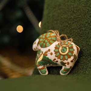 Folk bird and horse ornaments, Set of 3, Embroidered green and gold fabric decorations, Rustic Christmas tree or home decor