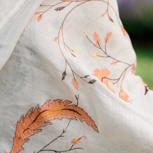 Ivory Linen Embroidered Scarf with Autumn Leaves – Lightweight Floral Shawl Wrap for Women, Modest Head Covering for Prayer or Fall