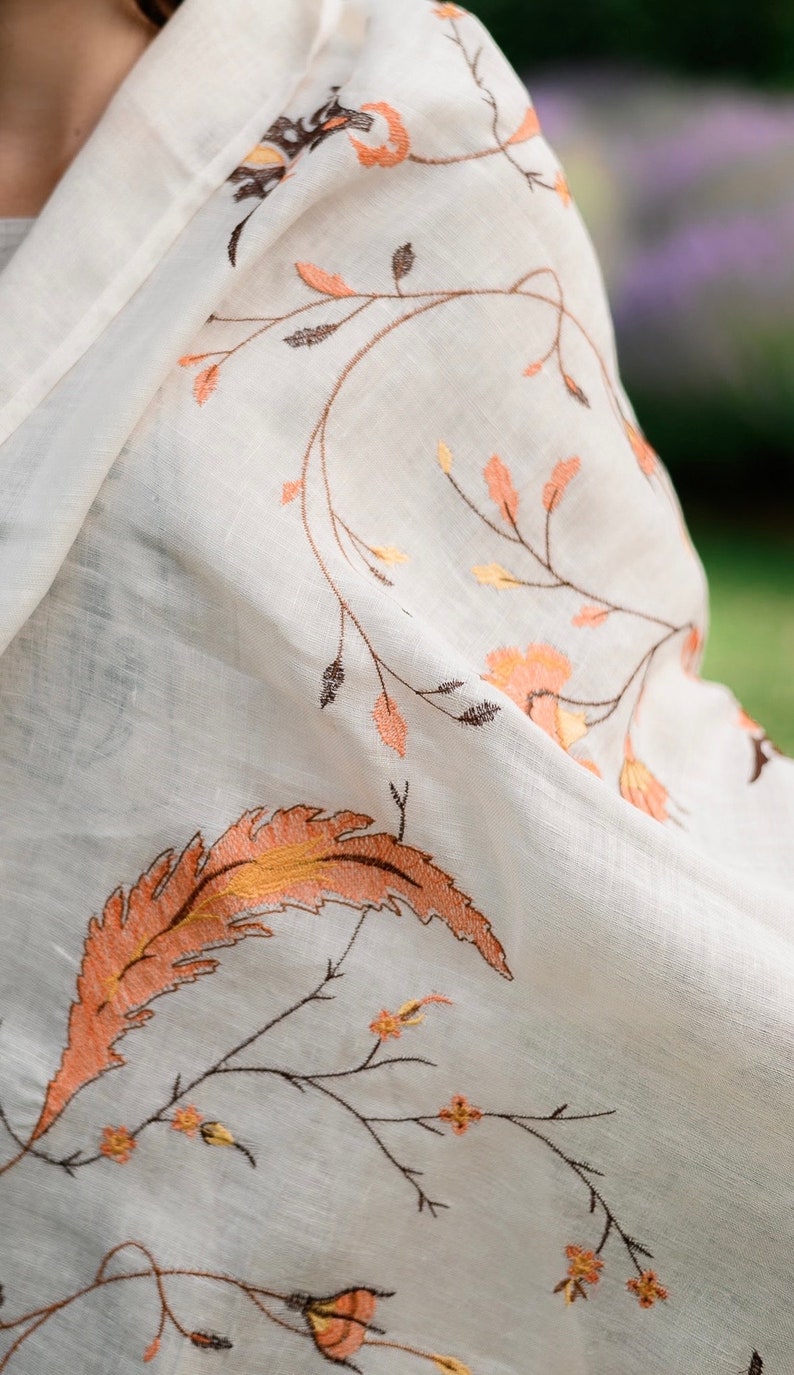 Ivory Linen Embroidered Scarf with Autumn Leaves – Lightweight Floral Shawl Wrap for Women, Modest Head Covering for Prayer or Fall