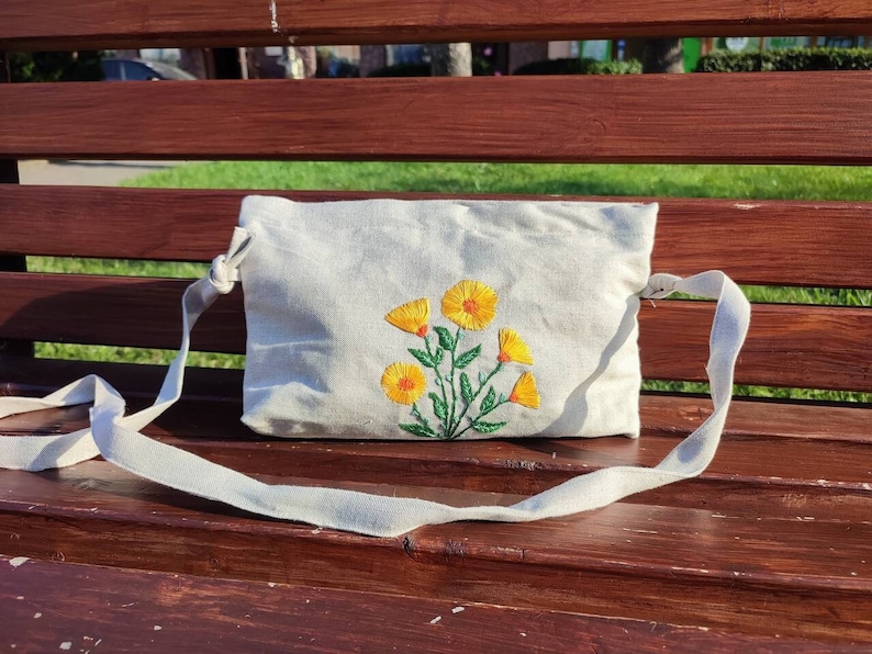 Hand Embroidered Hemp Pouch with Floral Motif, Small Hemp Crossbody Bag, Symbolic Botanical Design, Handmade Accessory