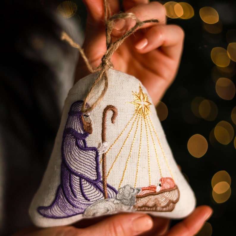 Linen nativity shepherd Christmas ornament, Embroidered baby Jesus manger decor with star, rustic Christian tree hanging decoration