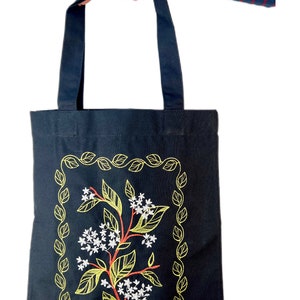 Cotton bag with blooming elderberry embroidery, Eco shopping bag, Beige tote bag, Cotton embroidery shoulder bag, Boho tote bag, Hippie bag Black bag