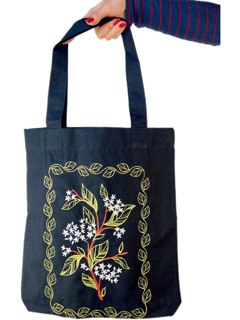 Cotton bag with blooming elderberry embroidery, Eco shopping bag, Beige tote bag, Cotton embroidery shoulder bag, Boho tote bag, Hippie bag Black bag