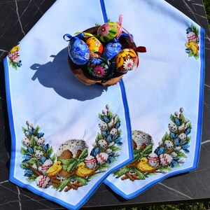 Easter table runner, Blue pascha beaded embroidery with kulich, Pysanky eggs, Pussy willows & chicks, Orthodox spring decor