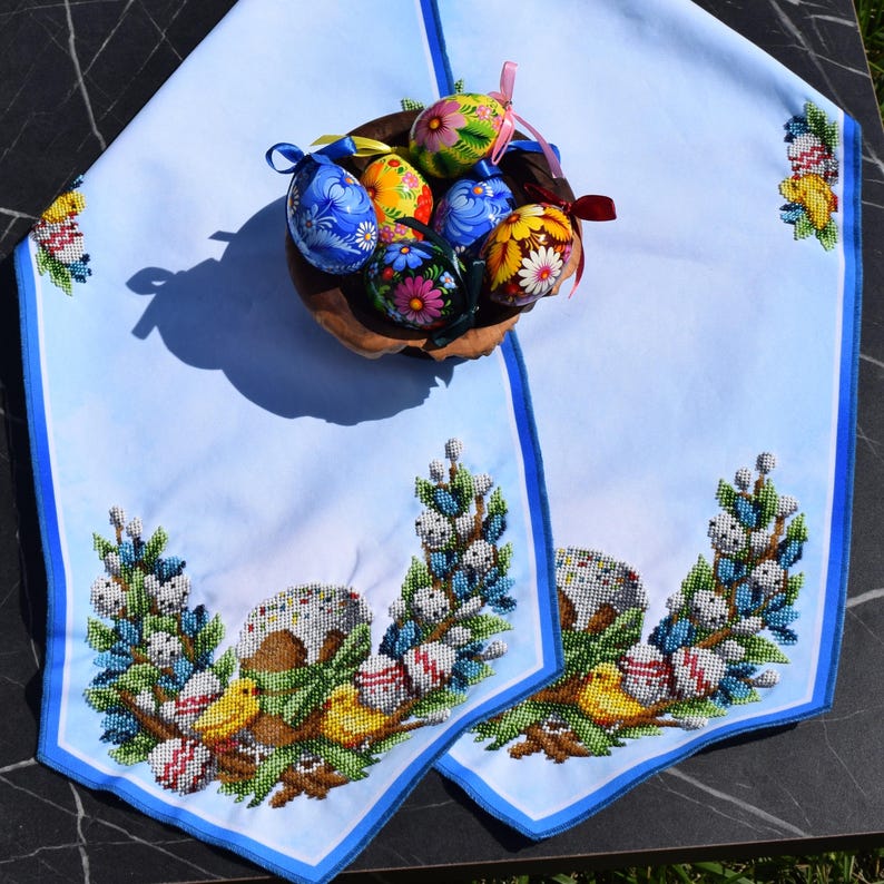 Easter table runner, Blue pascha beaded embroidery with kulich, Pysanky eggs, Pussy willows & chicks, Orthodox spring decor