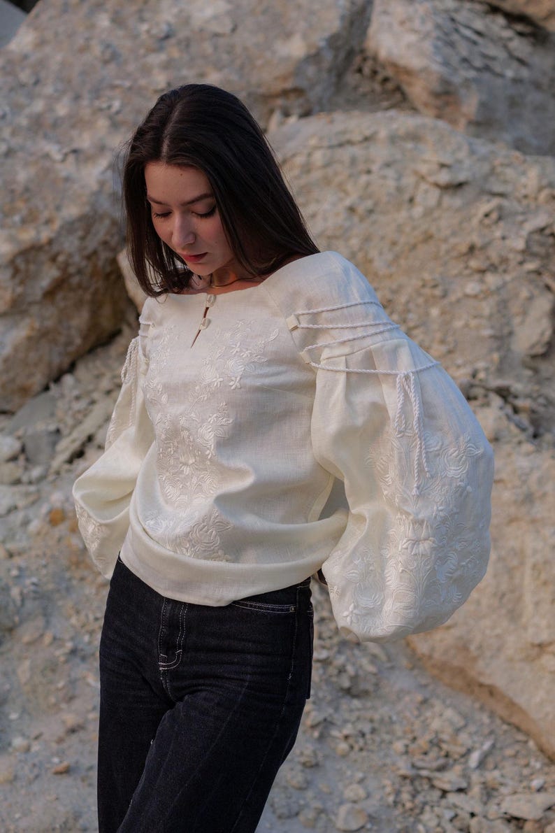 Ivory linen embroidered blouse