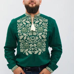 Men’s Green Ukrainian Embroidered Vyshyvanka Shirt, Long Sleeve Linen Folk Top with Light Green Floral Pattern, Tassel Tie Collar and Cuffs