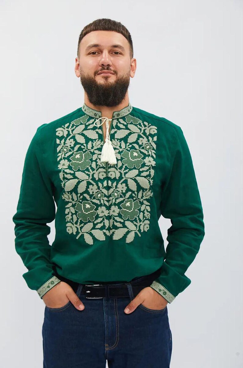 Men’s Green Ukrainian Embroidered Vyshyvanka Shirt, Long Sleeve Linen Folk Top with Light Green Floral Pattern, Tassel Tie Collar and Cuffs