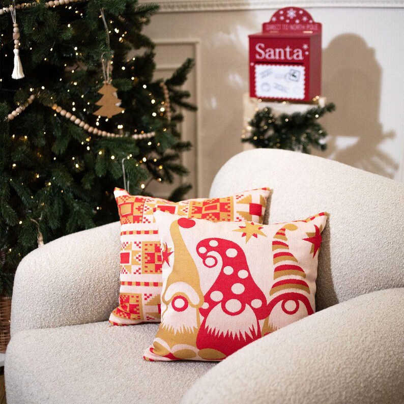 Christmas pillowcase 40x40 cm with three scandinavian gnomes, Red and Yellow nordic cushion cover, Holiday throw pillow cover with zipper