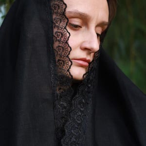 Black lace trim chapel veil scarf mantilla, Modest head covering for church, Orthodox catholic mass, Lightweight linen look prayer shawl