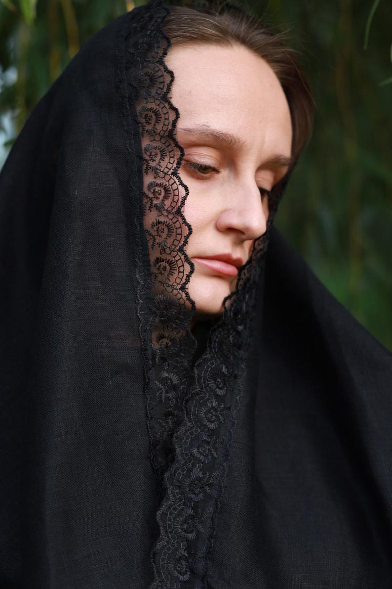 Black lace trim chapel veil scarf mantilla, Modest head covering for church, Orthodox catholic mass, Lightweight linen look prayer shawl