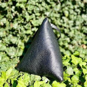 May include: A black leather triangular-shaped bag with a textured surface.