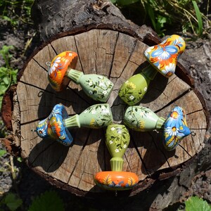 Set of 6 hand painted wooden mushroom ornaments, Folk floral woodland decor, Hanging decorations, Gift boxes cottagecore forest accents