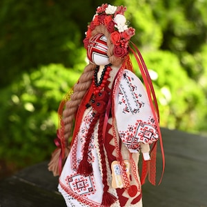 Handmade Ukrainian Motanka doll with embroidered face and traditional wreath, Collectible doll art, Unique decorative gift image 10