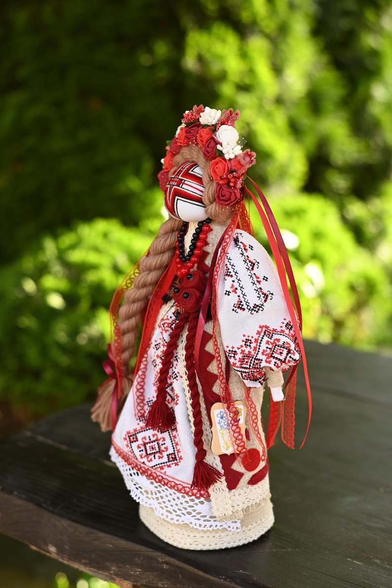 Handmade Ukrainian Motanka doll with embroidered face and traditional wreath, Collectible doll art, Unique decorative gift image 10