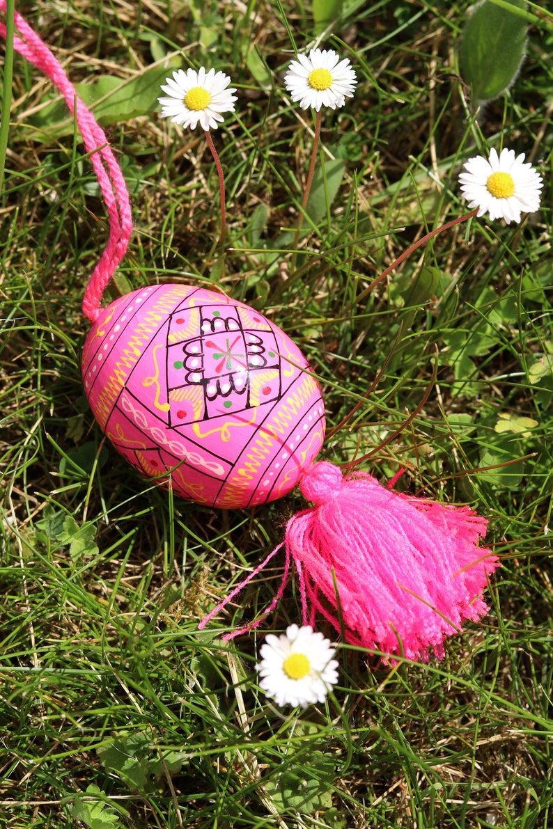 Hand-painted Ukrainian pysanka Easter egg ornaments with tassels