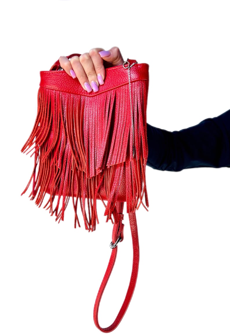 Red Leather Fringe Crossbody Bag, Handmade Festival Shoulder Purse with Adjustable Strap, Boho Western Sling Handbag for Women Gifts