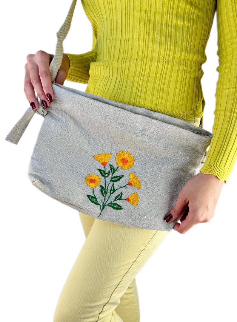 Handmade hemp pouch with floral embroidery
