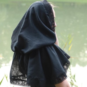 Black linen hooded capelet with lace trim, Victorian cottagecore hood shawl, Modest head covering, Renaissance costume cloak wrap