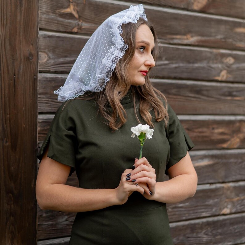White polka dot mantilla veil with lace trim