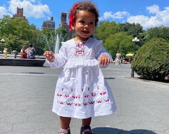 Baby girl embroidered dress with bloomers, White long sleeve outfit, Traditional floral design, Special occasion outfit