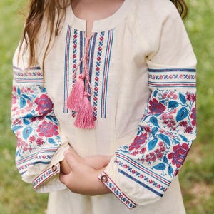 Girls Folk Inspired Embroidered Dress, Linen Children Dress with Floral Ornament, Symbolic Ethnic Style Outfit