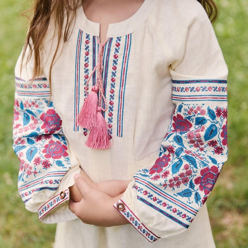 Girls Folk Inspired Embroidered Dress, Linen Children Dress with Floral Ornament, Symbolic Ethnic Style Outfit