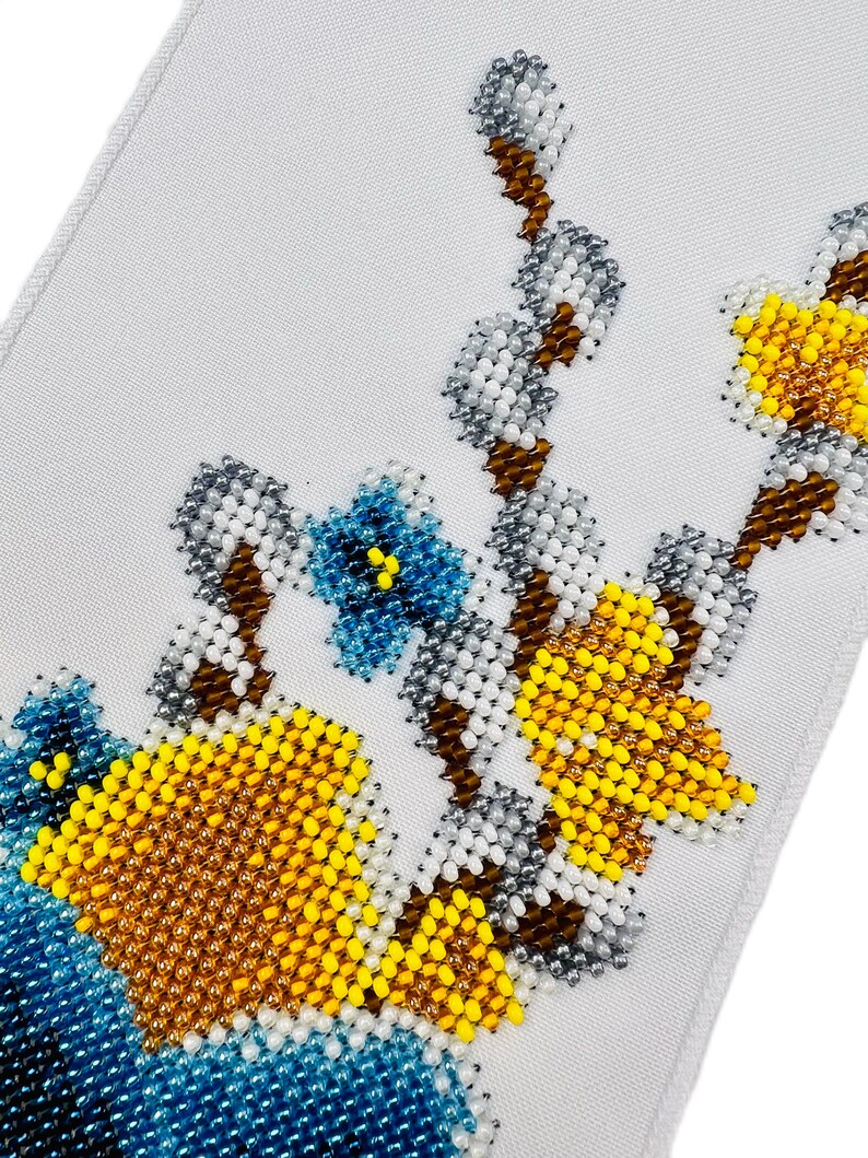White Easter ribbon with beaded Ukrainian egg and pussy willow embroidery