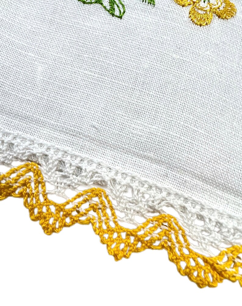 Embroidered Easter Basket Cover, White Linen Cloth with Chick and Easter Eggs, Spring Holiday Bread Basket Liner with Lace Trim