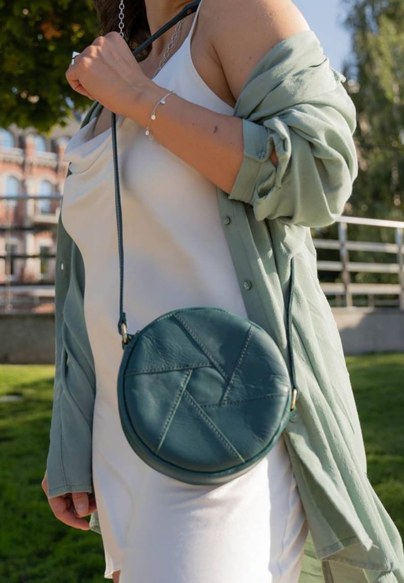 Round Teal Crossbody Bag Genuine Leather Circle Shoulder Bag Minimalist Zipper Purse Small Everyday Bag