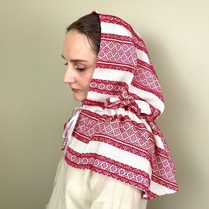 Red woven folk head scarf with geometric pattern, Traditional cotton scarf for women