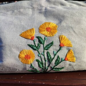 Hand Embroidered Hemp Pouch with Floral Motif, Small Hemp Crossbody Bag, Symbolic Botanical Design, Handmade Accessory