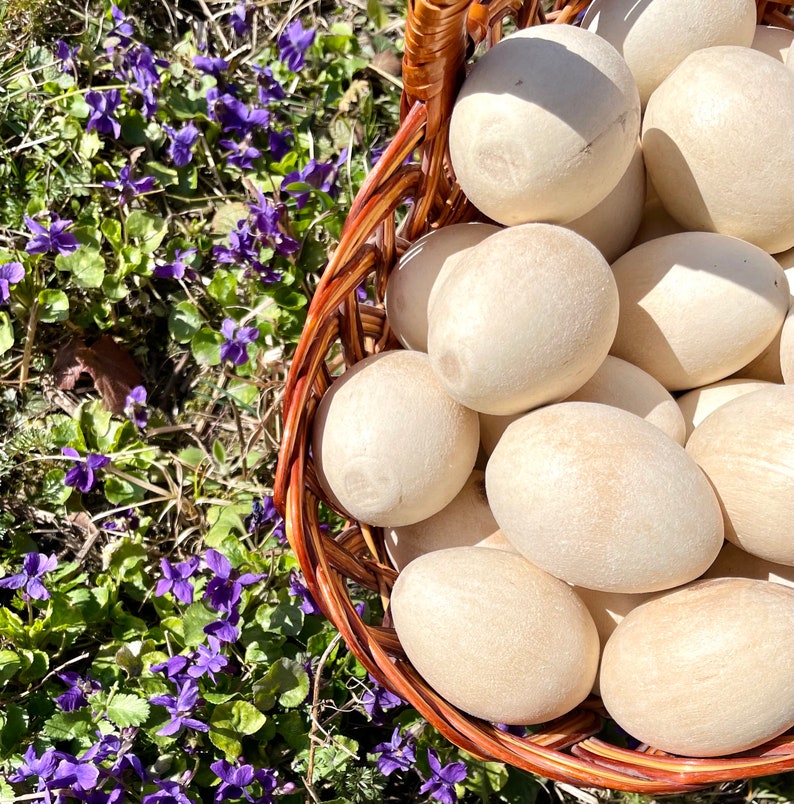 K&ouml;nnte beinhalten: Ein Weidenkorb gef&uuml;llt mit zahlreichen hellfarbigen, oval geformten Holzeiern. Der Korb ist braun und liegt zwischen gr&uuml;nem Laub und kleinen lila Blumen. Die Eier haben eine glatte, nat&uuml;rliche Oberfl&auml;che.