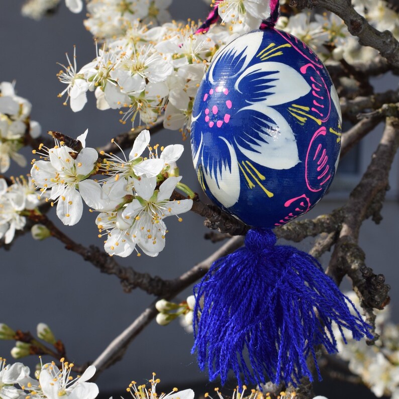 Vibrant wooden Easter egg ornaments with tassels