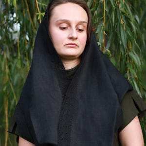 Mantilla church veil black head scarf with lace trim for women, Traditional orthodox catholic prayer shawl for worship and modest wear