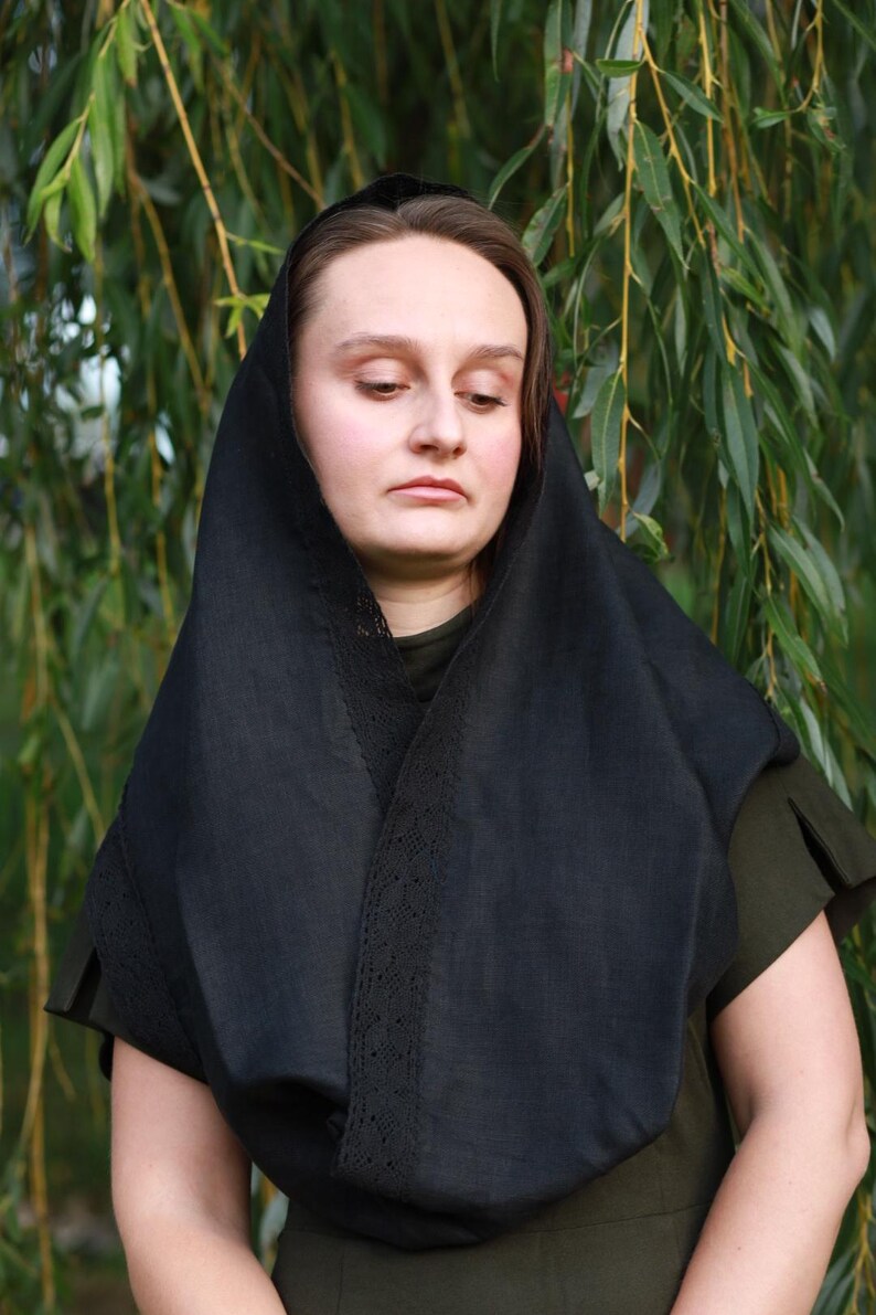 Mantilla church veil black head scarf with lace trim for women, Traditional orthodox catholic prayer shawl for worship and modest wear