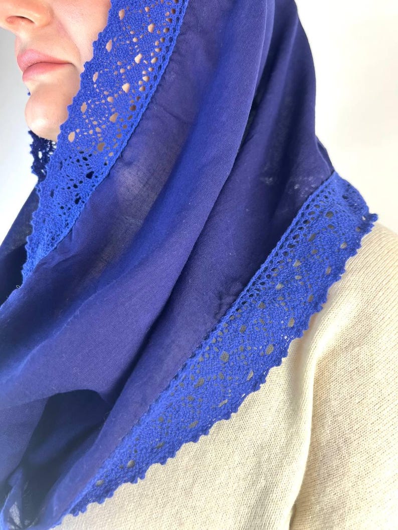Handmade royal blue lace headscarf