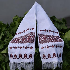 Ukrainian embroidered ritual towel with red black geometric cross stitch, Handmade rushnyk for wedding or traditional home decor